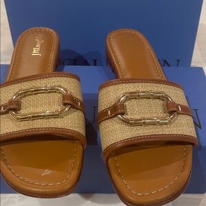 J McLaughlin Tan and Brown Slides with Gold Accent